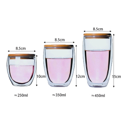 Popular Double Wall Glass Coffee Cups Round Shaped Glass Tea Mugs with Wooden Lid for Home